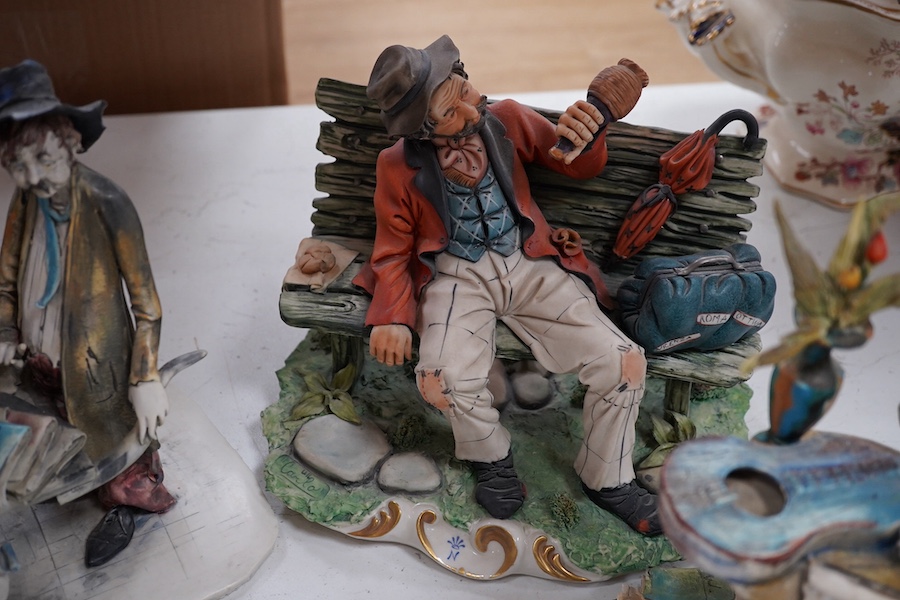 Four Italian ceramic figures to include Capodimonte money changer, 20cm. Condition - poor to fair